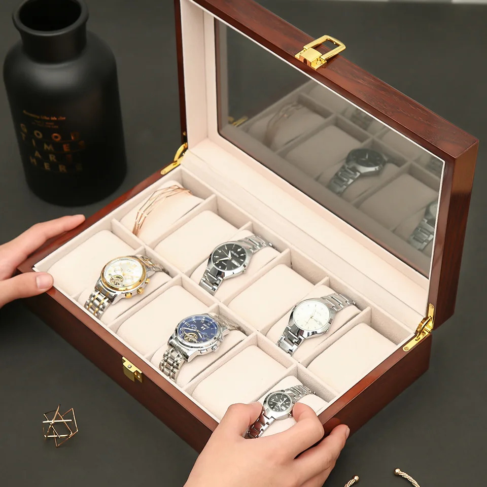 Caja de reloj de madera hecha a mano de lujo para hombres y mujeres, almacenamiento de joyas, caja de embalaje, exhibición de organizador de reloj,