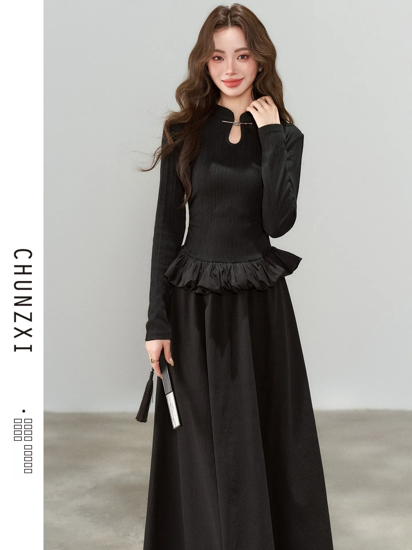 

Slimming Chinese Sle Reformed Dr Women's Autumn Winter New Sle Patchwork False Two-Piece Long Skirt Dr