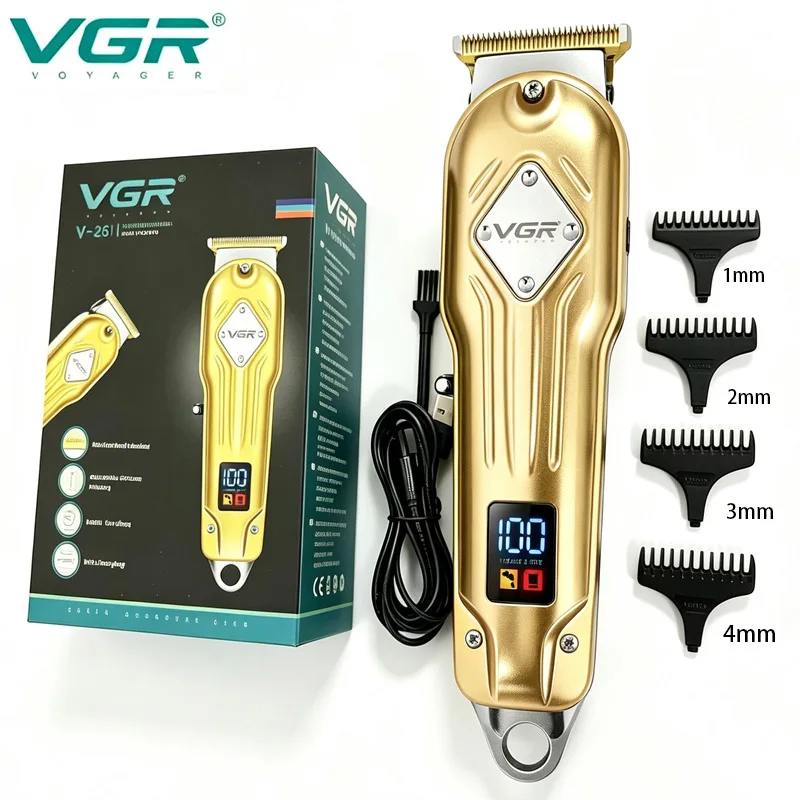 VGR V-261 Electric Hair Clipper for Men Metal Shell DLC Stainless Steel Blade LED Digital Display USB Rechargeable Cordless Hair