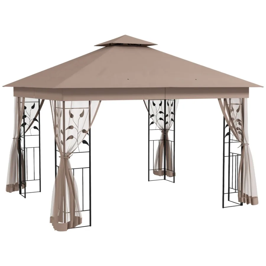 10x11.5 Steel Gazebo Double Vented Roof Tree Motifs Corner Frame and Netting Drainage Grommets for Outdoor Party Brown