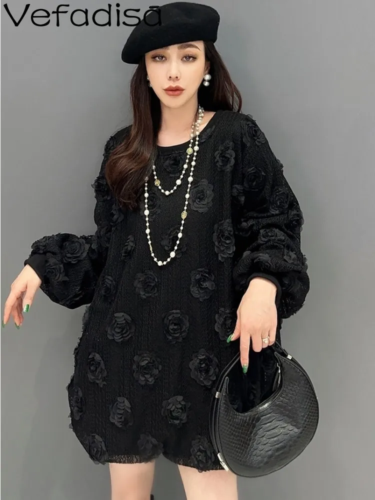 

Vefadisa 2024 Spring Summer New Black Korean Style Casual Pullover Tridimensional Flower T-shirt Women One Piece Top ZXF359BF1