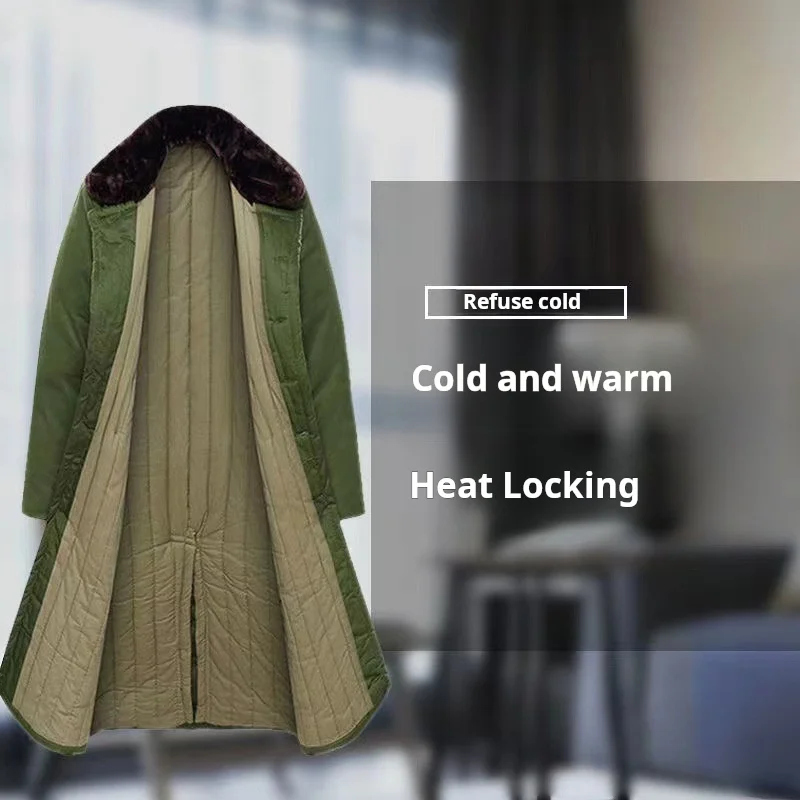 Wintermantel für Herren, Trenchcoats, Militärmantel, winddicht, langer Baumwollmantel, kältebeständig, mit Fleece gefüttert, verdickte militärgrüne Baumwolle