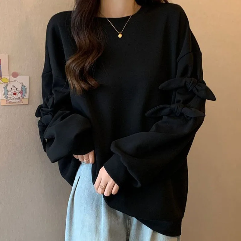 New Autumn/Winter Korean Edition Trendy Bow Knot Plush Thickened Round Neck Loose Versatile Slim Long Sleeve Women\'s Sweater