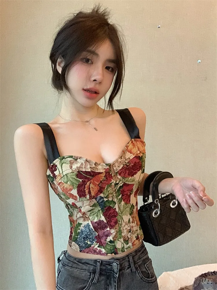 

Oil painting floral suspender small vest female summer wear sweet babes slim fishbone cropped tops