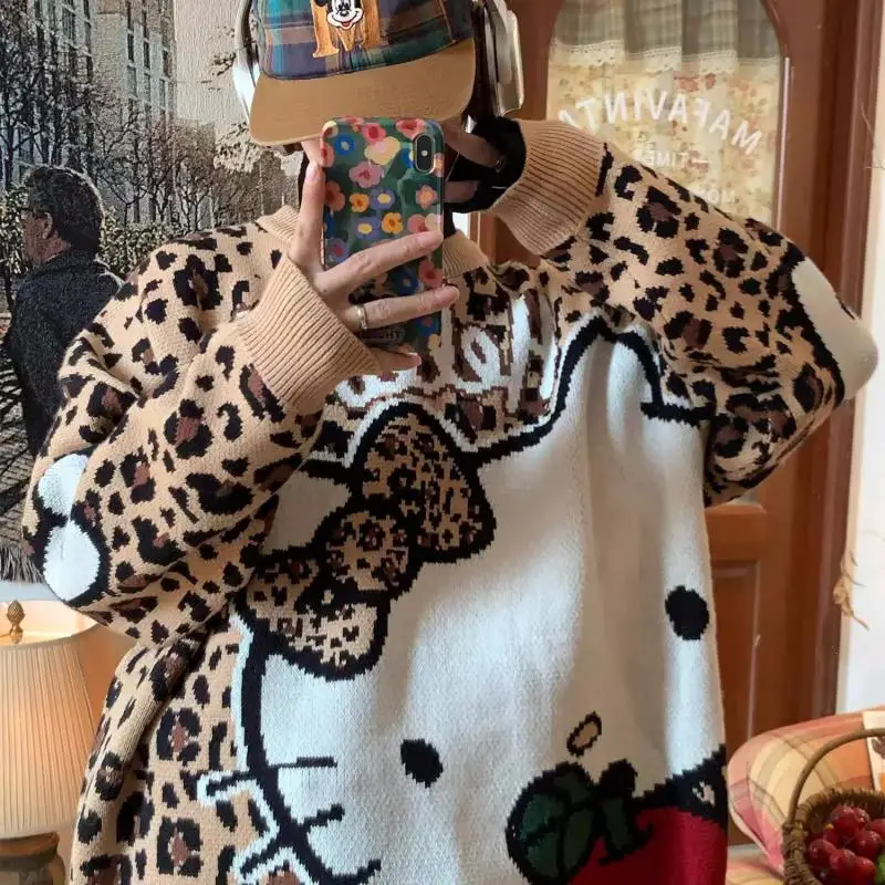 Hot Sanrio Retro Style Leopard Print Round Neck Sweater Autumn and Winter Kawaii Hello Kitty Comic Lovely Fashion Sweater Tops