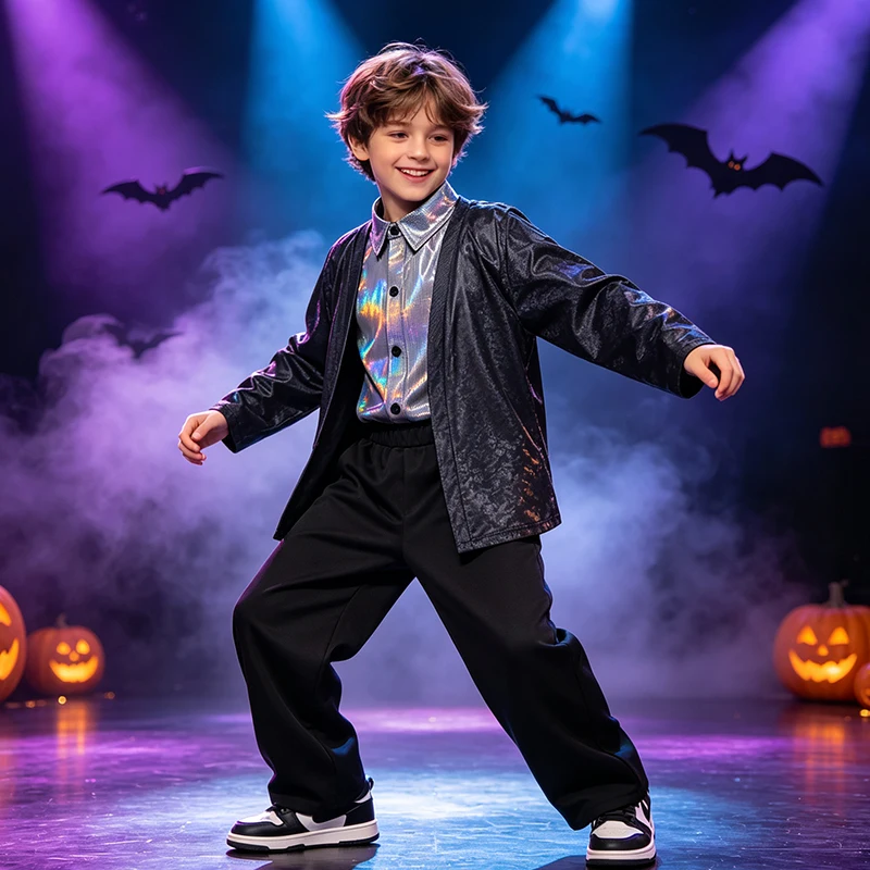 3Pcs Dance Outfit Boys Shiny Cardigan Lapel Shirt Wide Leg Pants Kids Hip Hop  Stage Costume Halloween Party Performance Suit