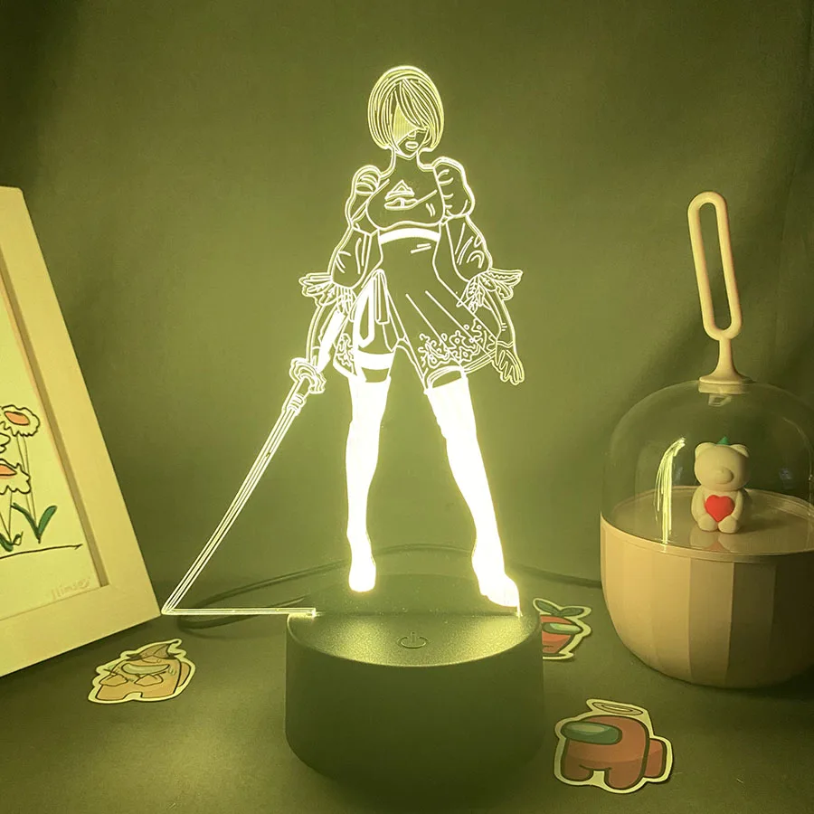 NieR Automata figura de juego YoRHa No2 tipo B 3D Led luces nocturnas de neón regalo de cumpleaños para amigos sala de juegos Decoración de mesa