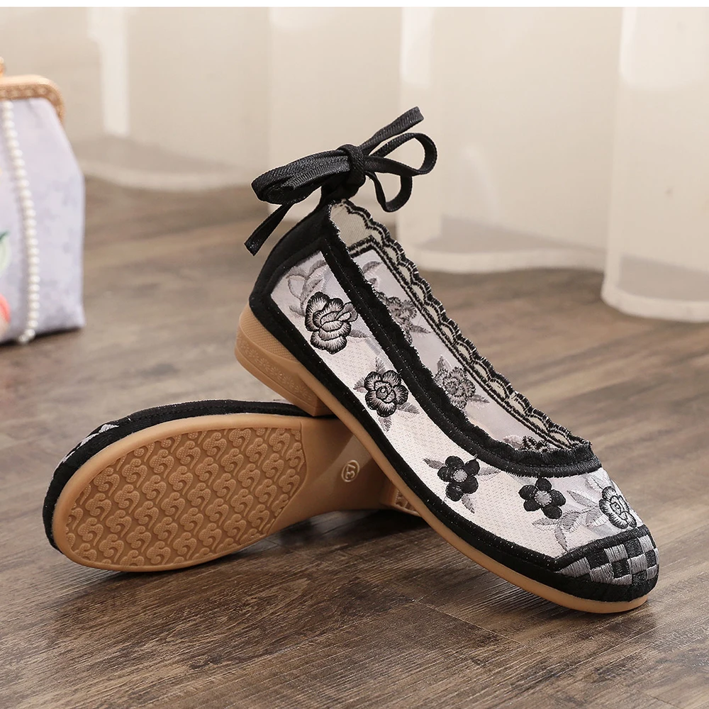 Veowalk Vintage Embroidered Women Gauze Mesh Ankle Strap Ballet Flats Black Grey Summer Comfortable Cool Walking Shoes Non-Slip