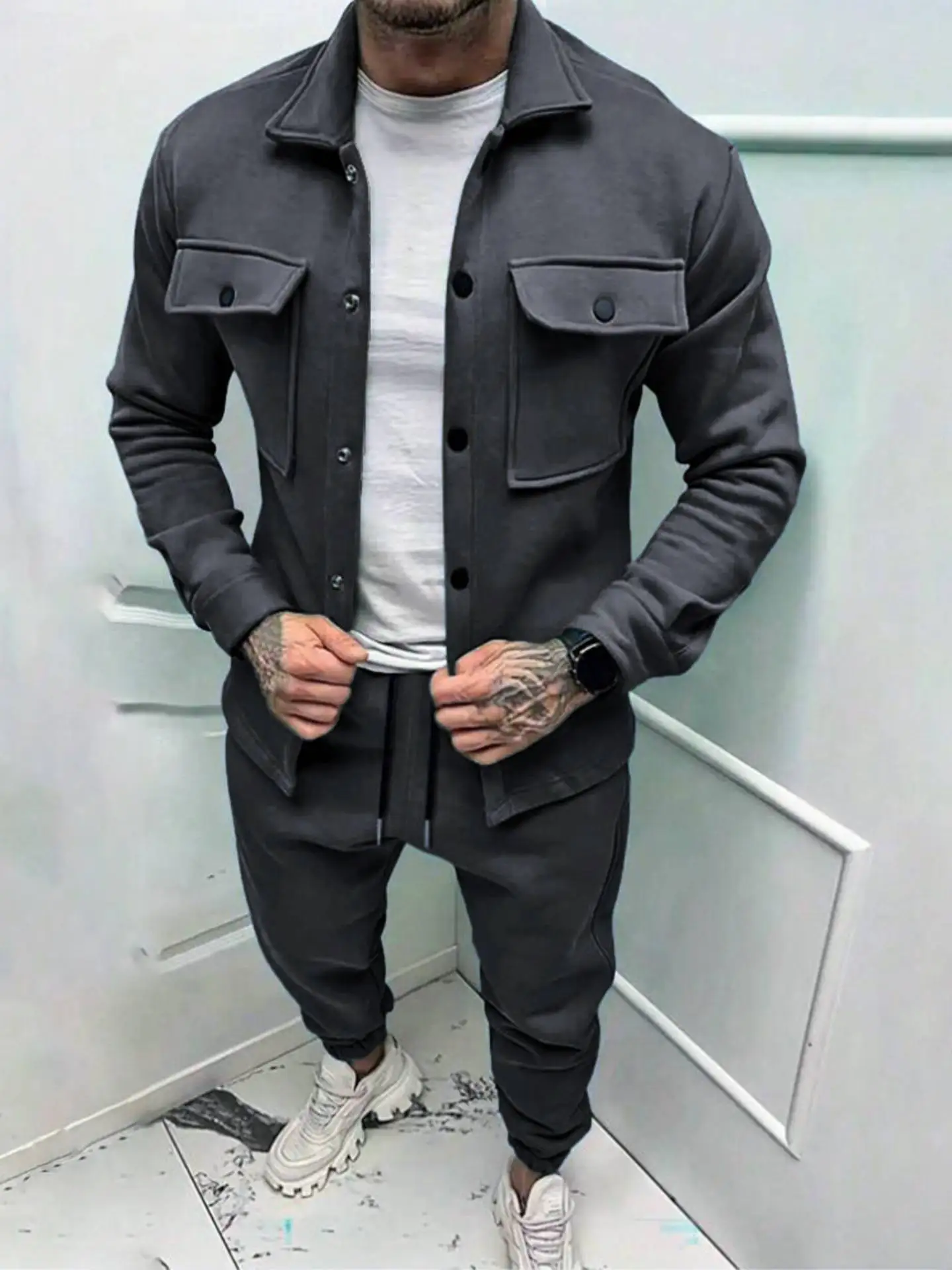 

Retro Mens Cargo Jacket & Pants Long Sleeve Shirt 2-piece Sweatwear Sets Trendy Youth Students Sweatshirts & Sweatpants Outfits