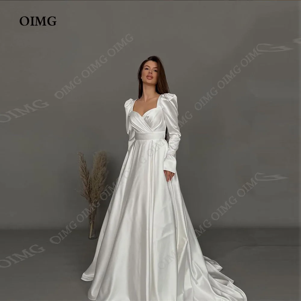 OIMG Silk Satin A Line Wedding Dresses Long Sleeves Princess Bridal Gowns for Women Robe De Mariée Elegant Dubai Bride Dress