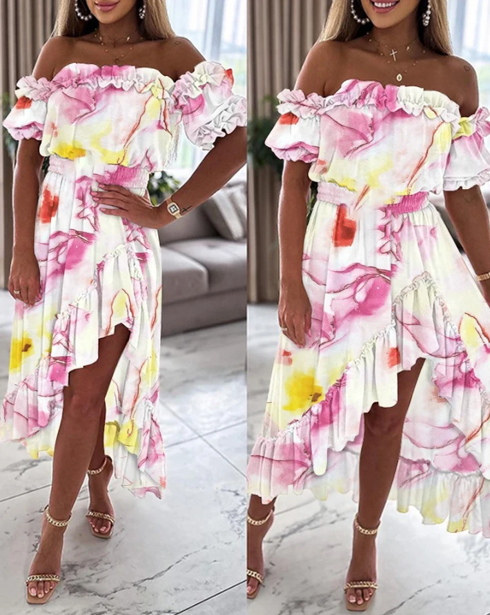 

Women Party Dress 2024 Spring/summer Latest Off The Shoulder Marble Print Ruffle Frill Hem Maxi Casual Vacation Asymmetric Skirt