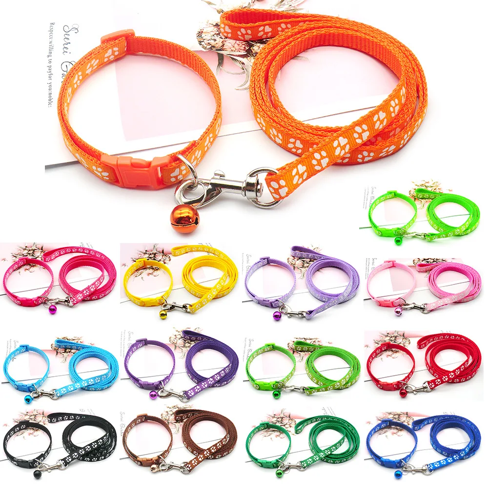 Dog Leash Set Paw Print Pet Traction Rope Puppy Collar Multiple Colors With Bell Adjustable Puppy Cat Accessories Pet Supplies