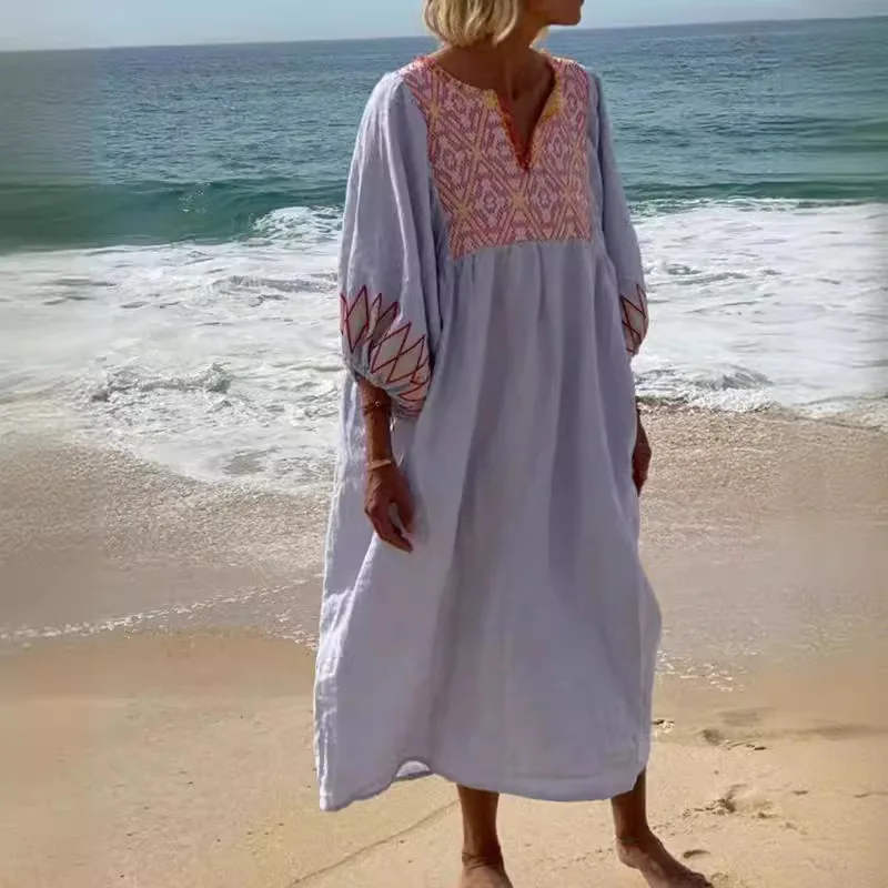 

Bohemian Summer Pullover Beach Dresses Vintage Pattern Print Loose V-neck Long Dress Women Lantern Sleeve Vocation Female Dress