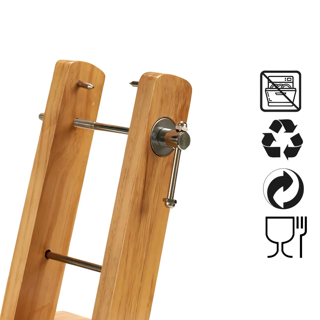 Fotografia 8: Suporte para presunto em madeira de pinho e aço inoxidável, com estrutura de braços duplos, para presuntos ibéricos e serranos. Base estável de 44,5 x 22,5 cm, ideal para cortes profissionais em casa.