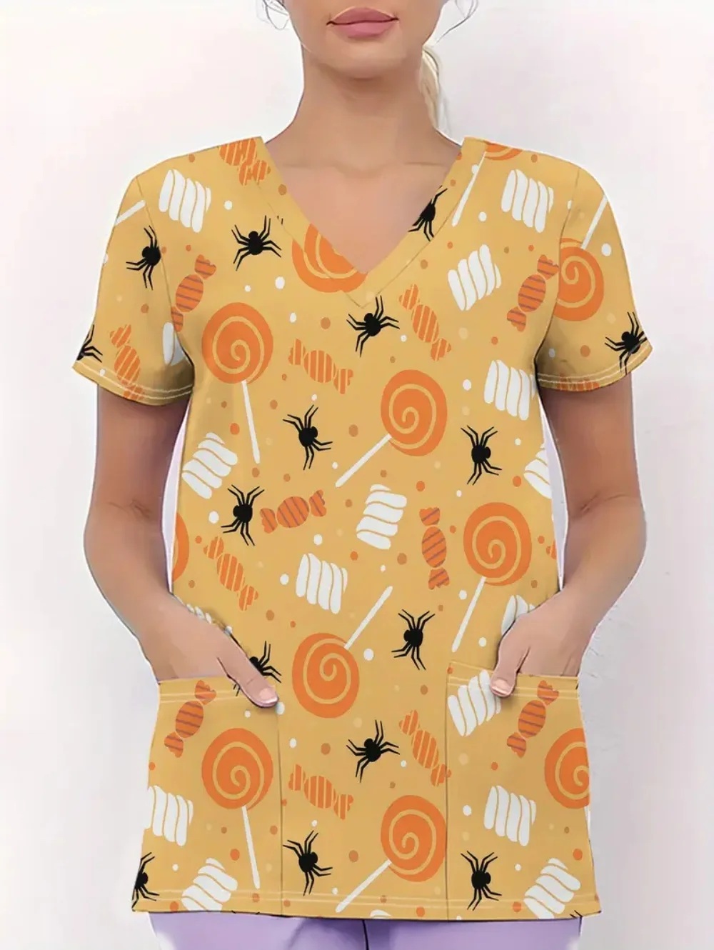 새로운 의료 유니폼 여성 할로윈 시리즈 인쇄 치과 의사 짧은 소매 임상 유니폼 패션 v 넥 여성 수술 스크럽 탑