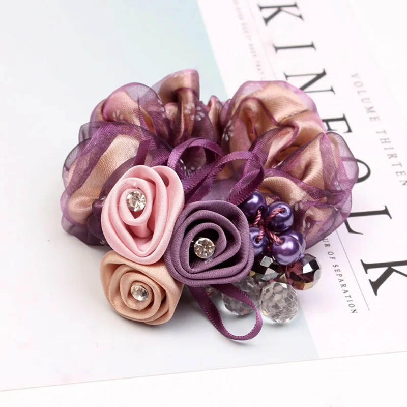 Fashion Pearl Rose Flower Hair Rope Stretchy Scrunchie Rubber Band Hairbands Floral Hair Ties Ponytail Holder Hair Accessories