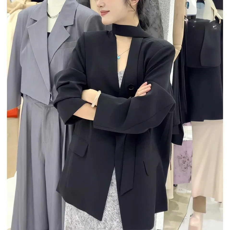 

Black V-Neck Loose Fit Slimming Draped Korean Style Spring Autumn 2025 New Fashion Suit Jacket Elegant Casual