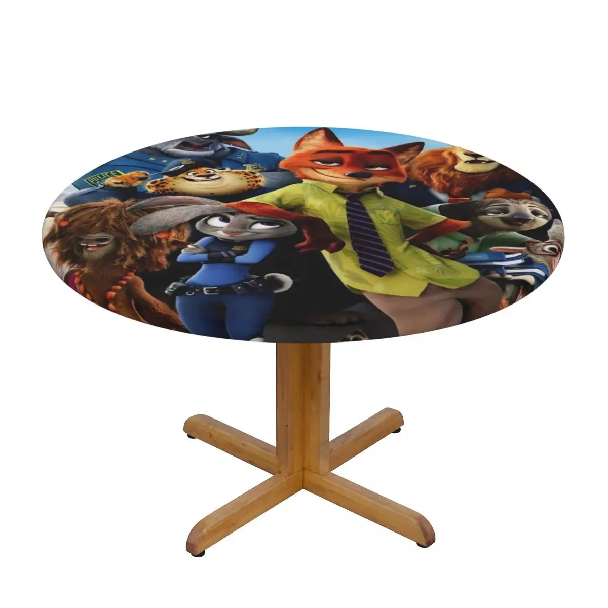 Round Waterproof Oil-Proof Disney Zootopia Film Tablecloth Backed Elastic Edge Table Covers Fit American Animation Table Cloth