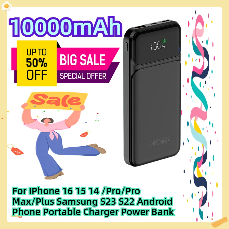 

For IPhone 16 15 14 /Pro/Pro Max/Plus Samsung S23 S22 Android Phone Portable Charger 10000mAh Power Bank