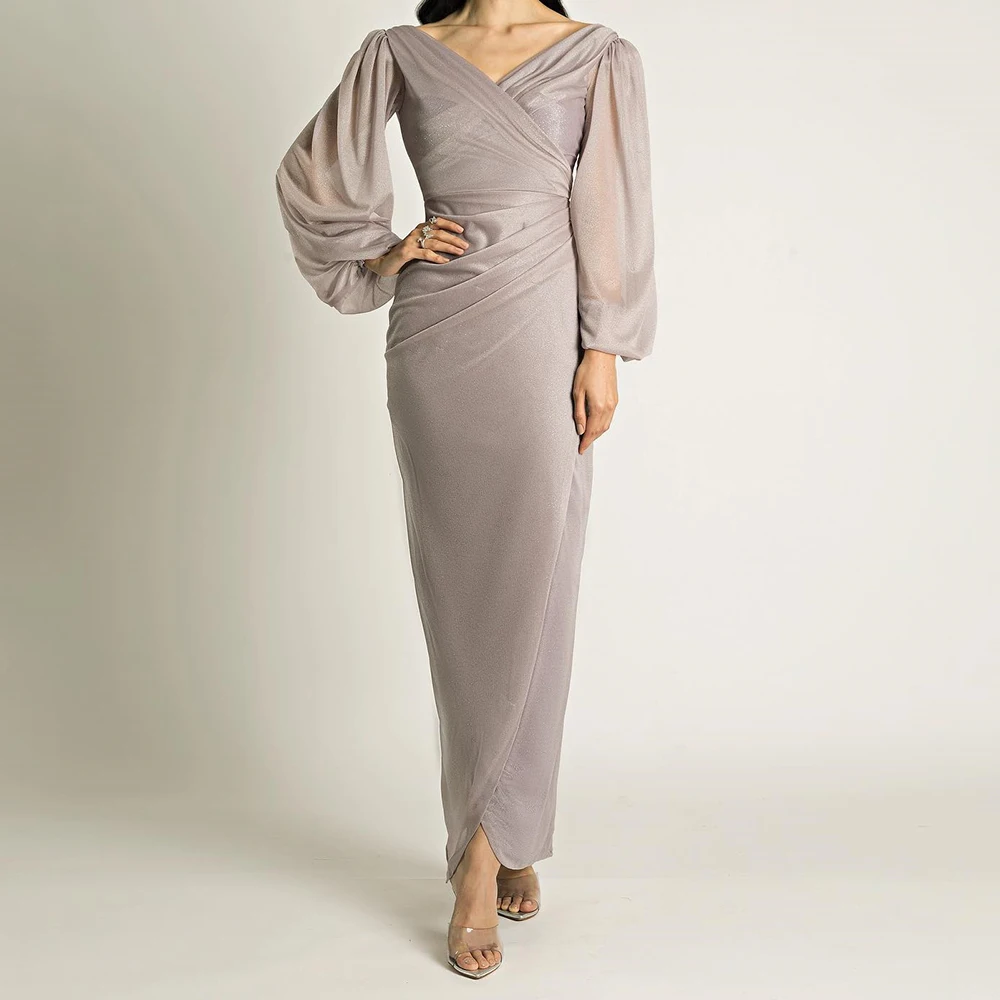 

Formal Off the Shoulder Chiffon Evening Dresses Fashion Straight Ankle Length V-Neck Long Sleeves فساتين سهره نسائيه فخمة