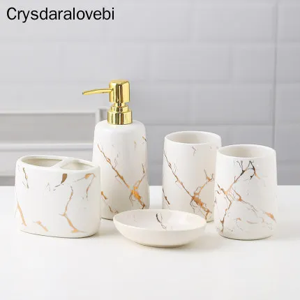 Milky Ceramic Toiletries Bathroom Accessories Set Marble Porcelain Toothbrush Holde Soap Dispenser Bathroom Tray Home Decoration