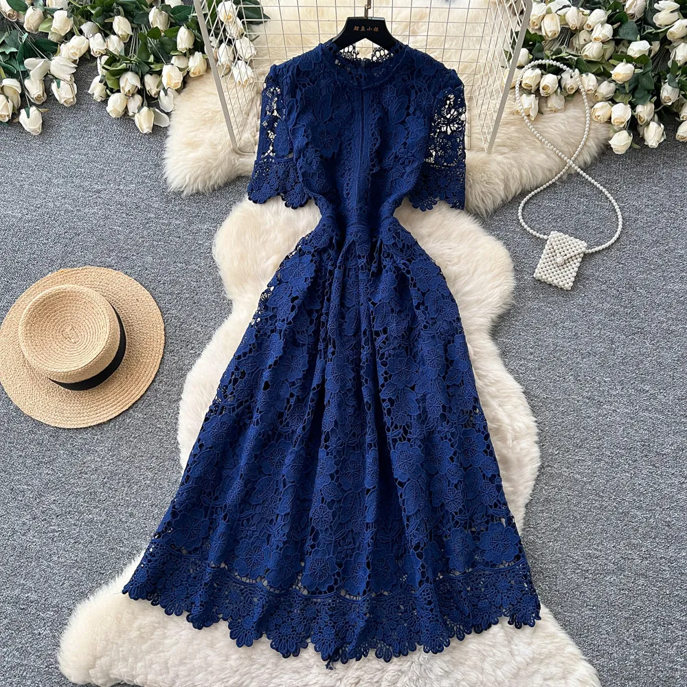 knee length navy blue casual dress Solid [Hidden pockets] Women's Knee Length Dress Chiffon