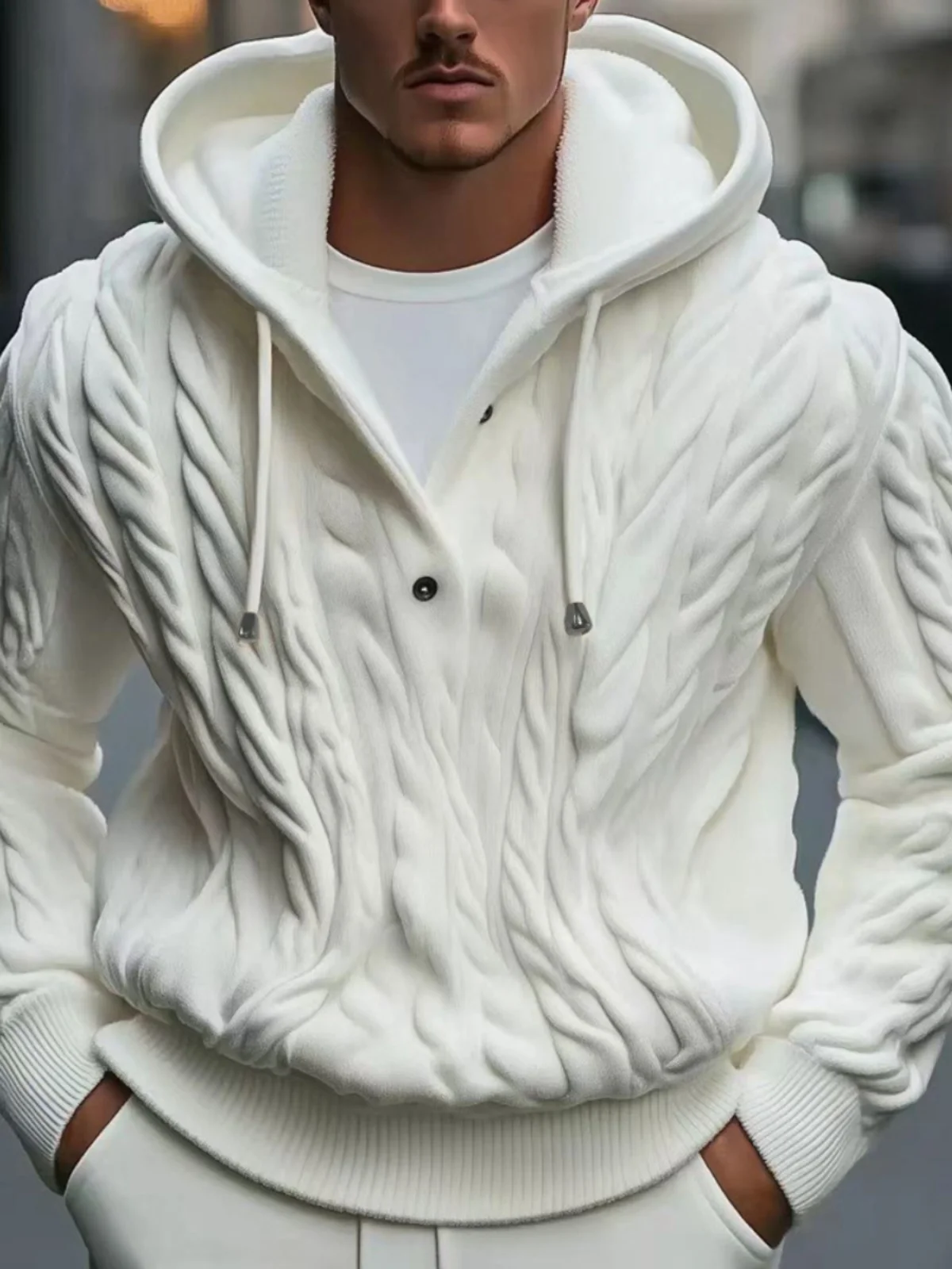 

Loose Fit Long Sve Knitted Hoodie with Button Twist Rope for Men Casual Sle Polyester Fiber Winter Season Color