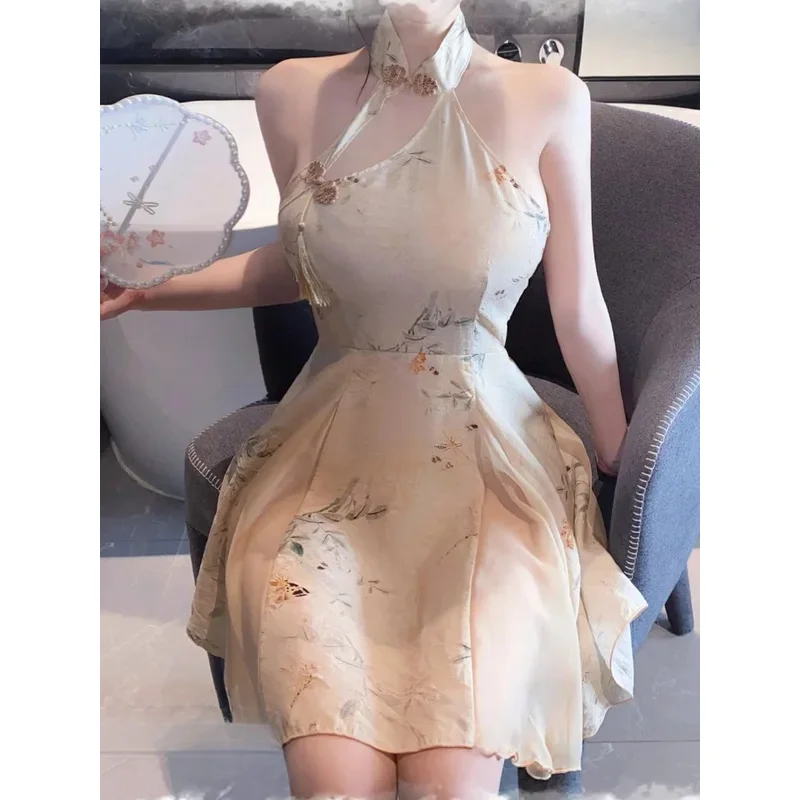 Letnia Moda Egzotyczna Odzież Damska Nowa Klasyczna Słodka Chińska Sukienka z Dekoltem typu halter, z szerokim tyłem w kształcie litery A, Elegancka