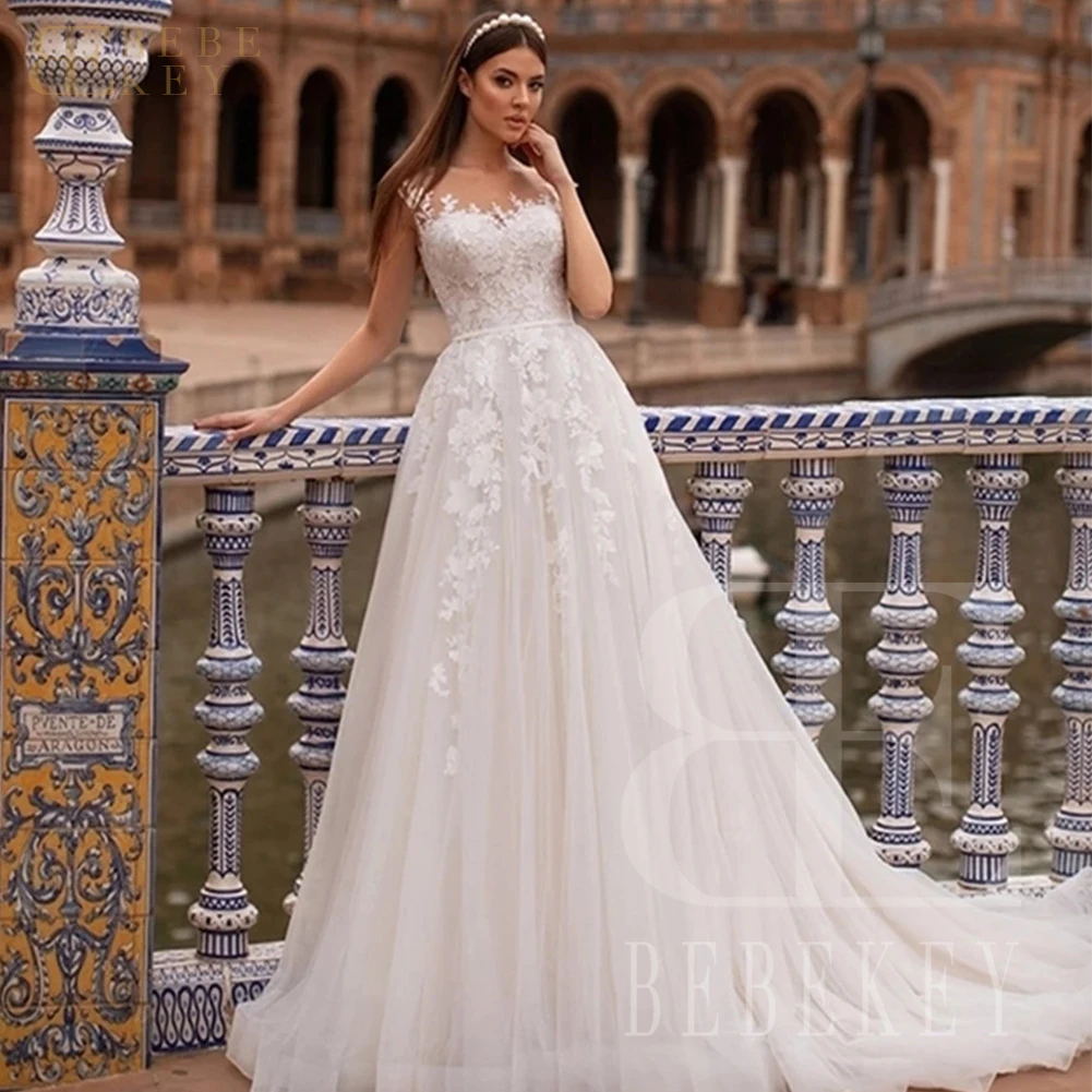 BEBEKEY Elegant Lace Wedding Dress Appliques A-Line Bride Gown Customized Wedding Party Gown Robe vestidos de novia