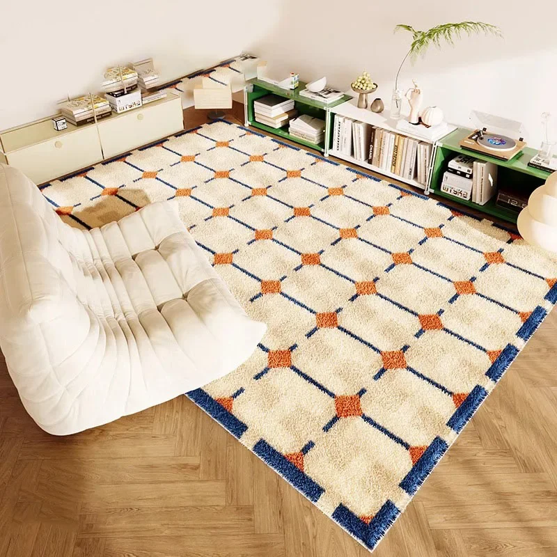 2025 New Grid Faux Cashmere Anti Slip Floor Mat Plush Carpet for Living Room Sofa Tea Table Soft Comfortable Bay Window Cushion