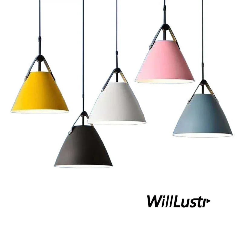 

Iron Leather Belt Pendant Lamp Creative Macaron Color Suspension Light Hotel Cafe Sofa Bedside Hotel Hanging Ceiling Chandelier