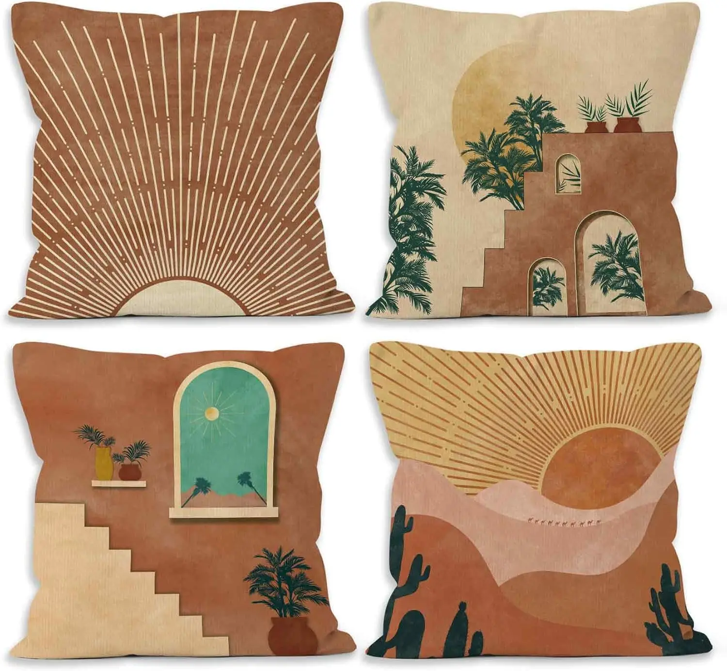 Luxurious 4 Piece Boho Throw Pillow Cover Set Bohemian Desert Southwest Palm Leaf Sunburst Art Cushion Trendy Earth Tone Decor