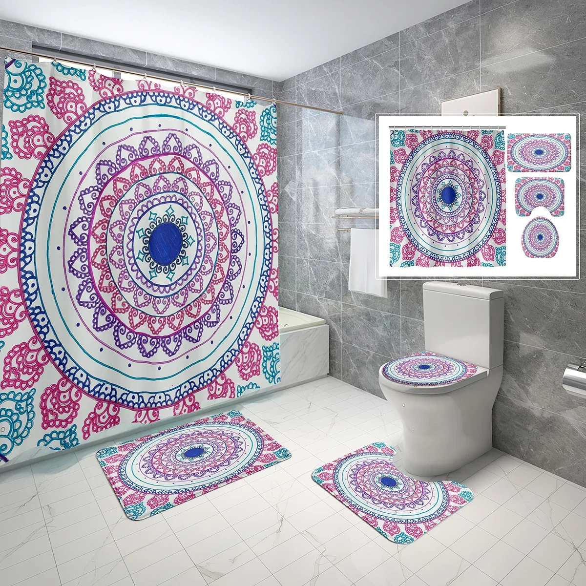 

4 PCS Bohemian Style Shower Curtain Sets,Colourful Floral Pattern Art Bathroom Bath Curtain,Non-Slip Bath Mat Toilet Cover Set