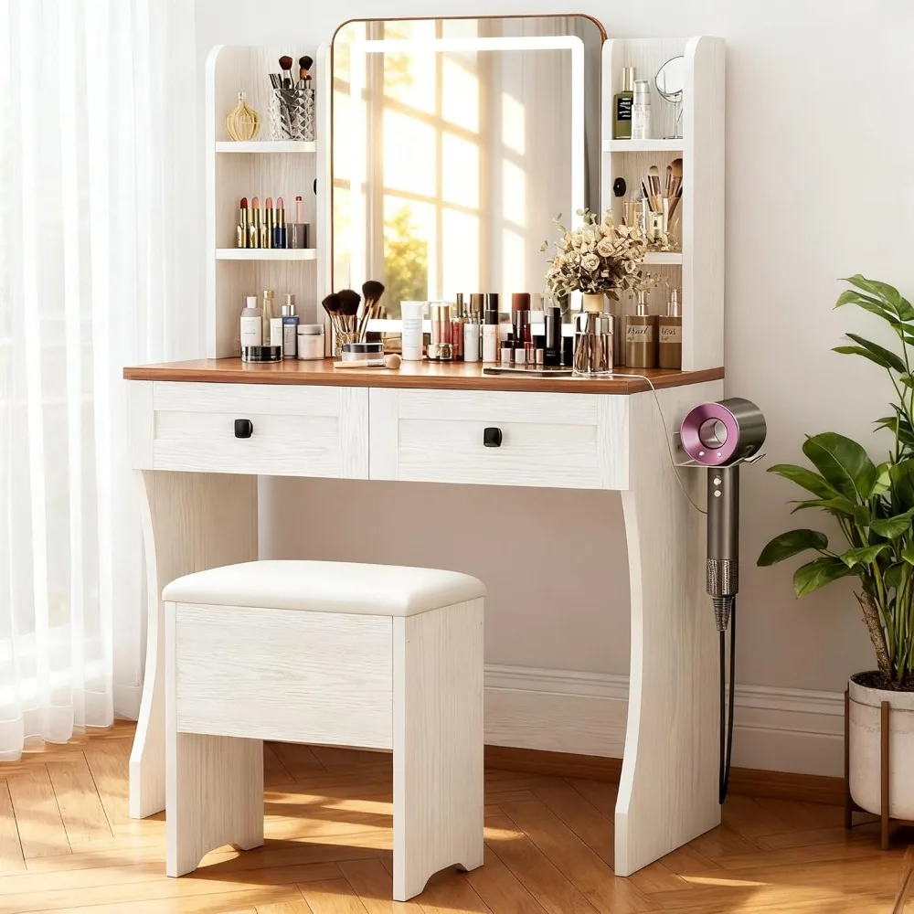 

Makeup Vanity with LED Lights & Power Outlet, Small Vanity Desk with Adjustable Mirror, 2 Large Drawers and 4 Open Shelves