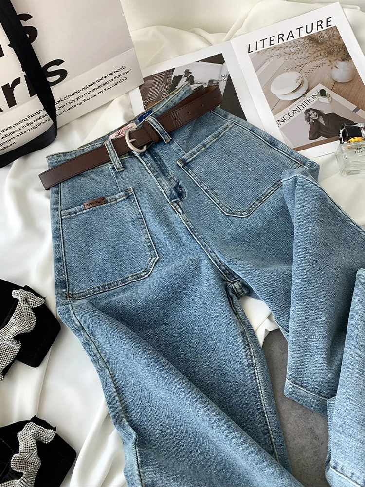 2023 Office Lady Simple Daily Basic High Waist Jean Trousers Loose Wide Leg Straight Women Denim Pants Autumn New Korean Style