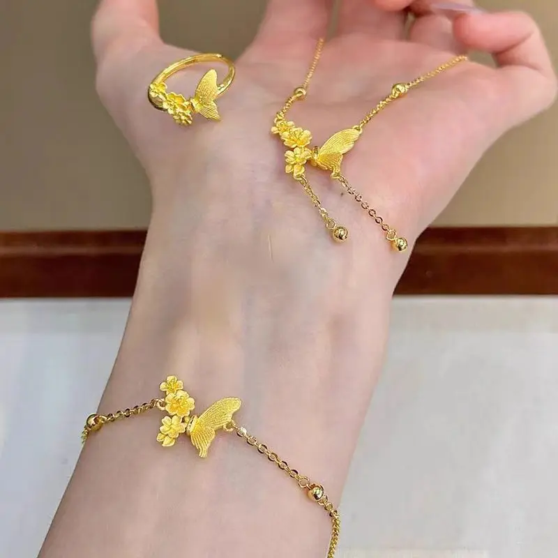 

Fashion 18 K Gold Color Butterfly Tassel Necklace Sets for Women Bride Shining Necklace Ring Braclet Jewelry Sets Gifts Not Fade