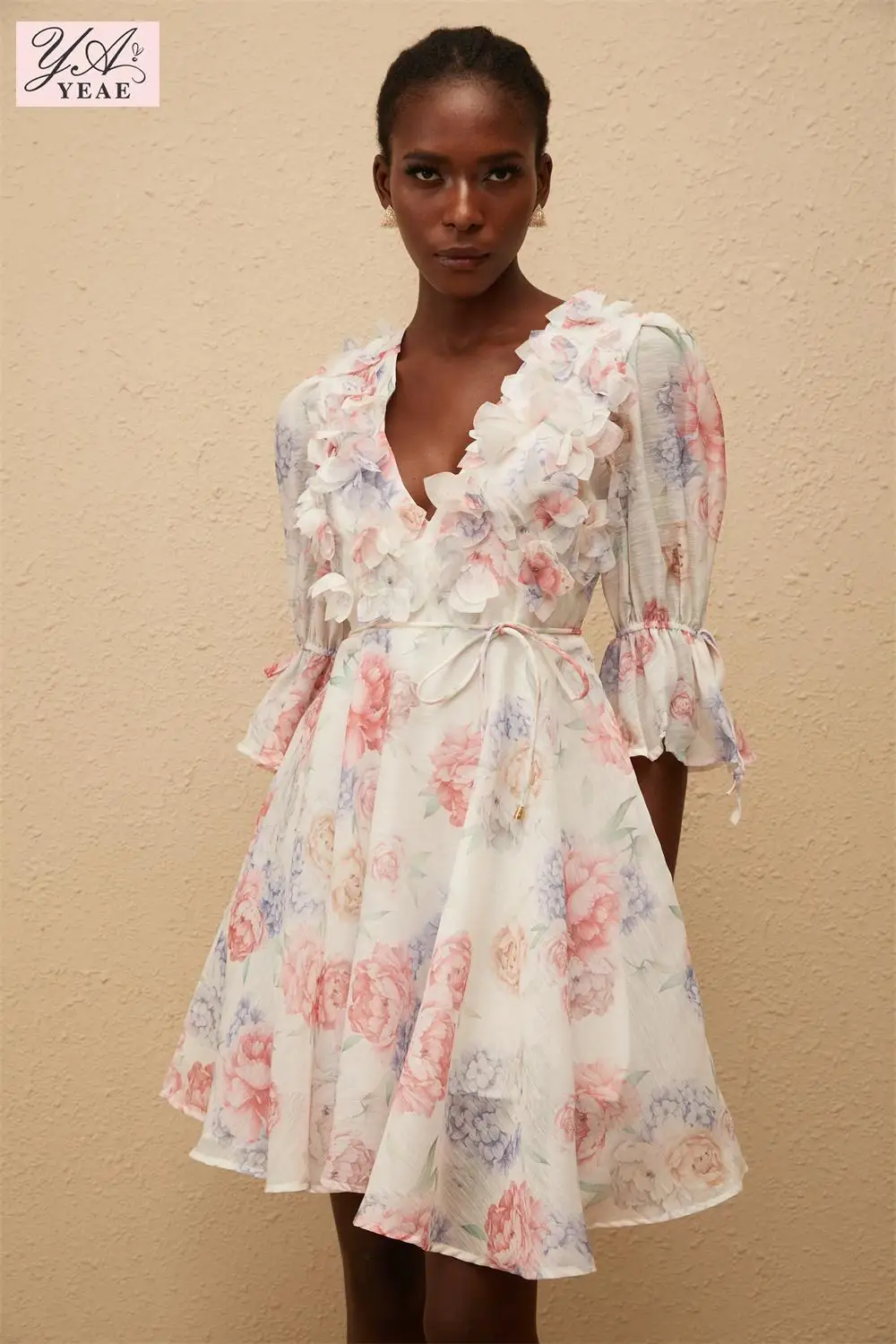 

2025 Spring Floral Print Dress - V-Neck 3D Flower Bubble Sleeve Tie-Waist Midi (Women's Casual Chic Outfit)