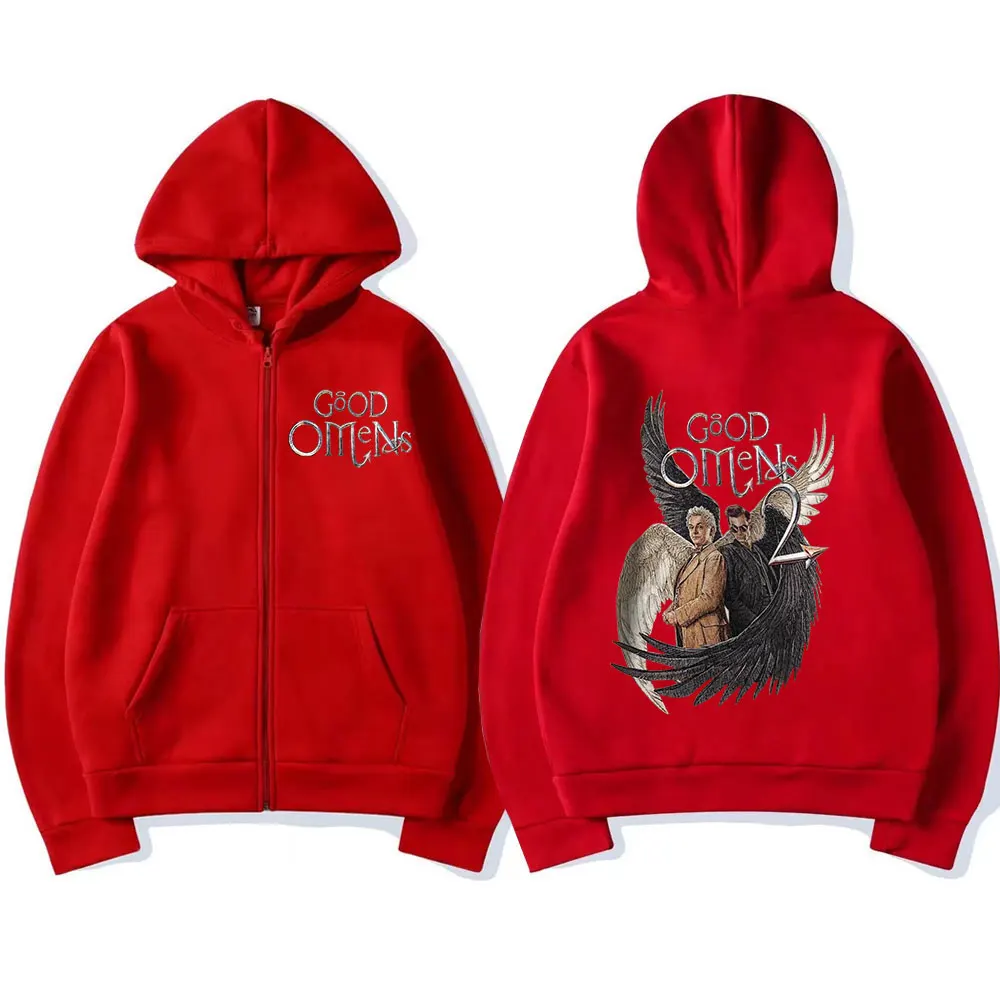 Good Omens Zipper Hoodies Men Fashion Vintage Zip Up Hooded Sweatshirt Unisex Casual Loose Oversized Pullovers Jacket Streetwear