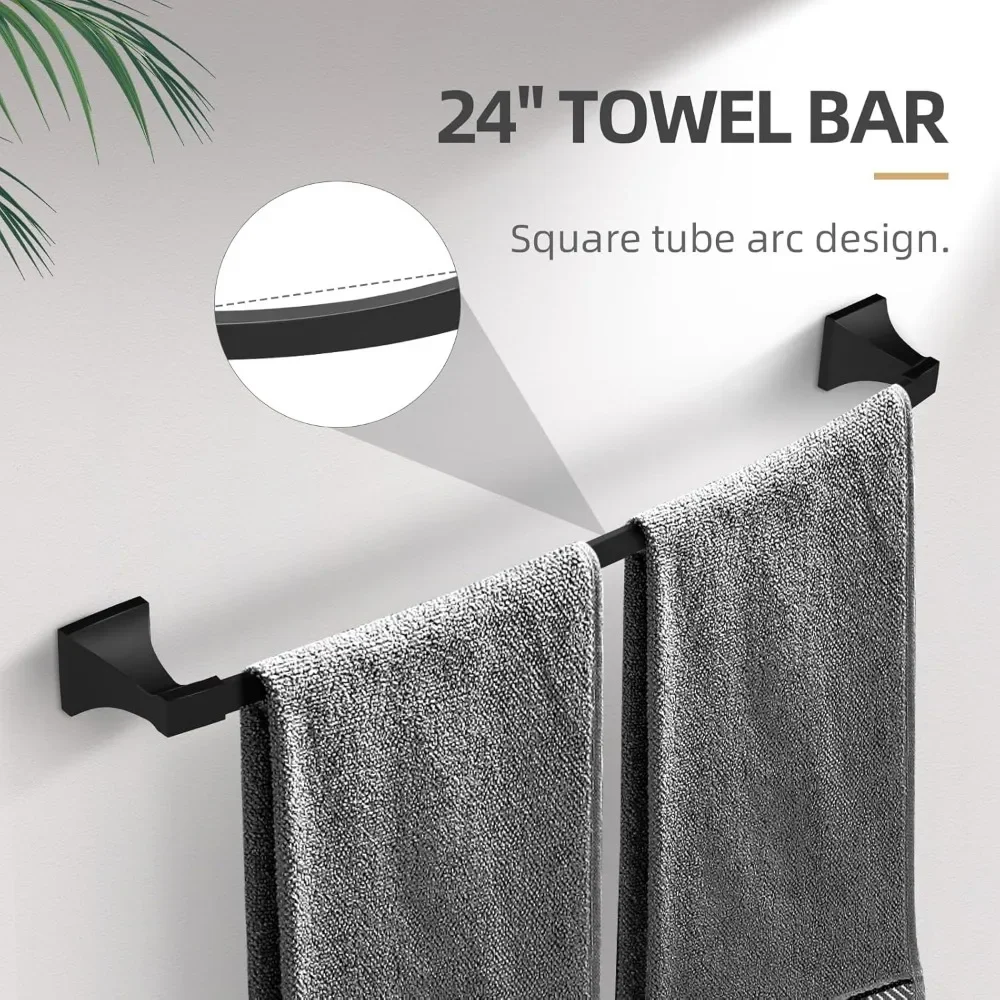 4 Piece Bathroom Hardware Set, Matte Black Bathroom Towel Bar Set, Bathroom Accessories Set includes 24 Inch Towel Bar