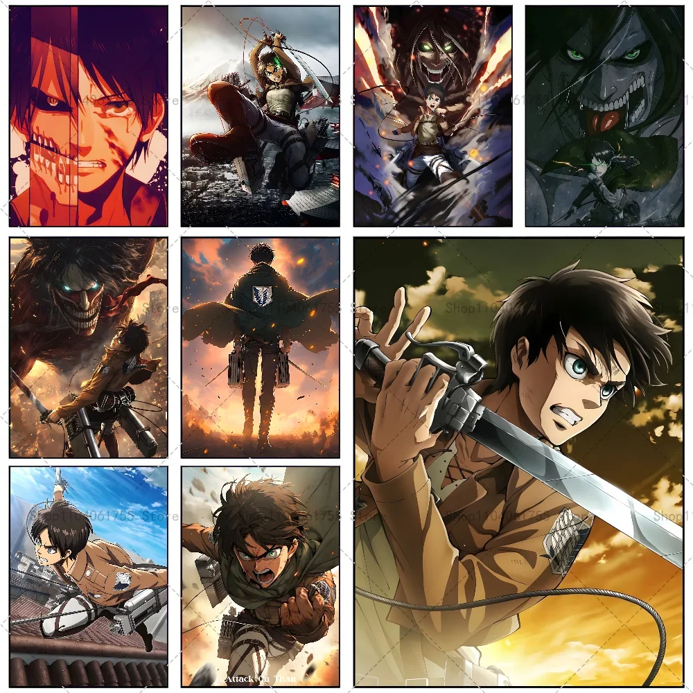1PC Anime Attack On Titan Eren Jeager Poster Self-adhesive Art Waterproof Paper Sticker Coffee House Bar Room Wall Decor