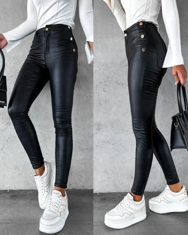 

Woman Fashion Pu Leather Side Button Skinny Pants Women's Casual Plain Pocket Design High Waist Trousers