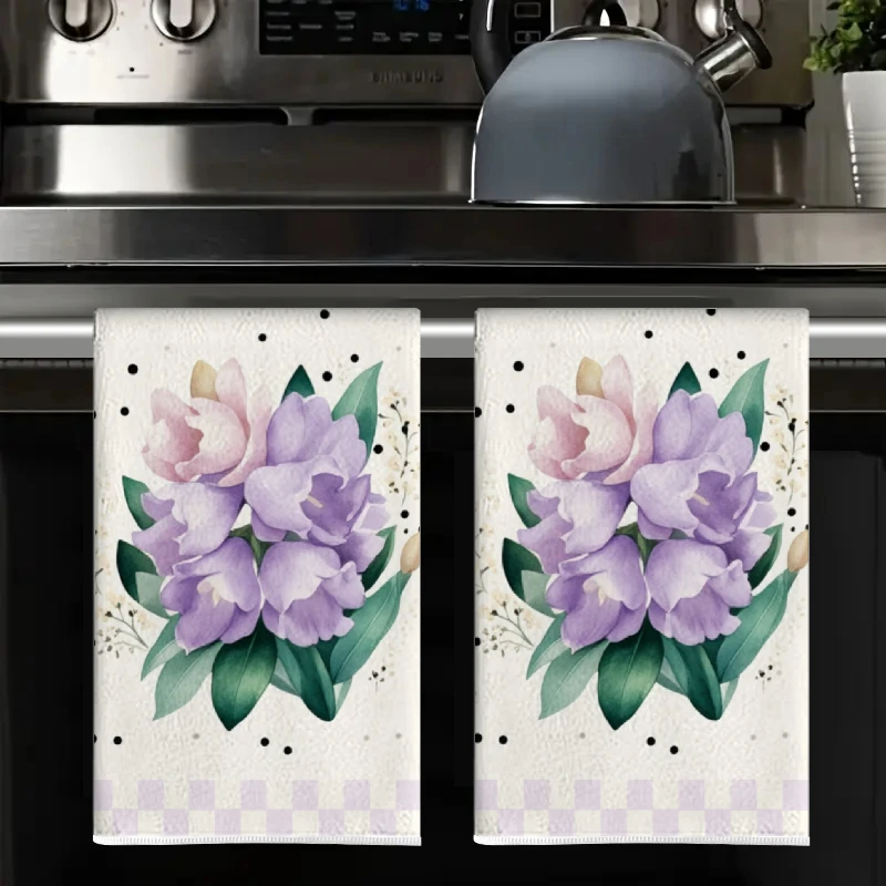 2Pcs, Purple Floral Kitchen Towels with Border, 40Cm*60Cm Towel Set, Best Kitchen Towels, Super Absorbent Soft Cleaning Cloth, Cooking and Baking Tea Towel, Hand Towel, Cleaning Cloth, Dishcloth, Kitchen Decoration, Living Room Decorations, Kitchen Essentials, Home Essentials