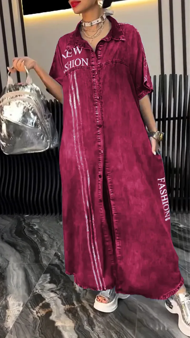 2025年ホットな新作 春秋 カジュアル レディース シャツワンピース ファッション レタープリント 襟付き 半袖 シングルブレスト ルーズワンピース