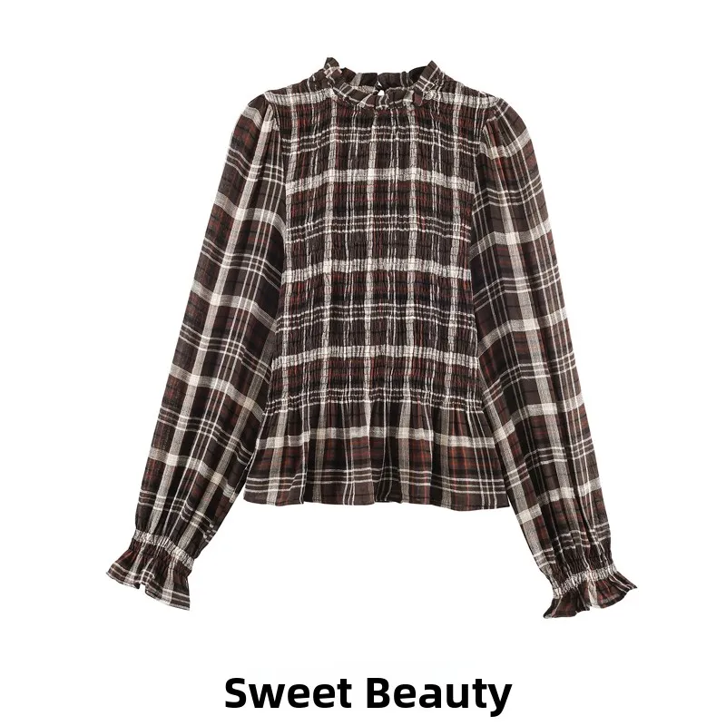 

Spring Summer New Arrival Women's Long Sleeve Stand Collar Honeycomb Plaid Shirt Breathable Polyester Fiber Loose Fit Shirt