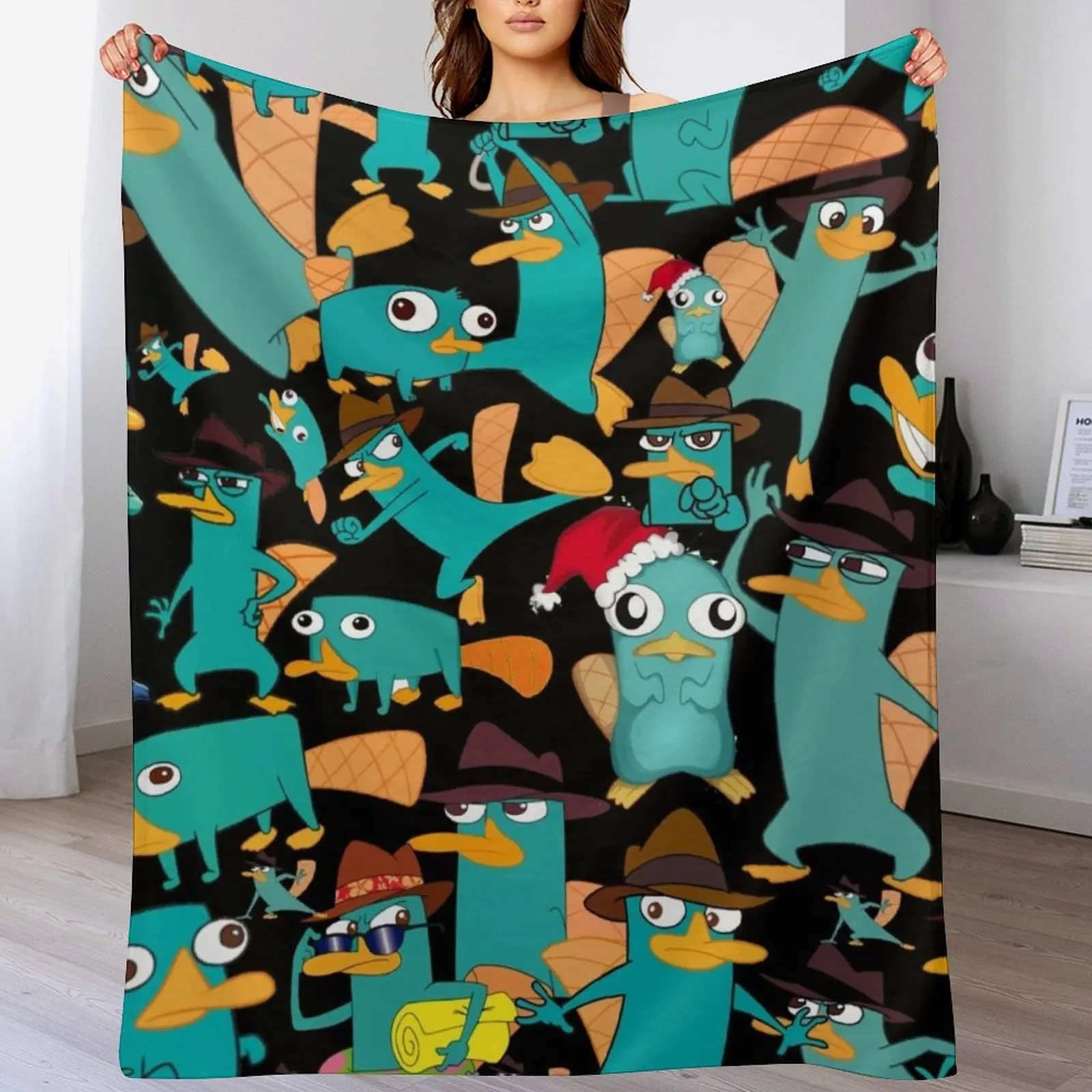 Perry the Platypus Phineas and Ferb Collage Pattern Design - Black Background Throw Blanket Sofa heavy to sleep Blankets