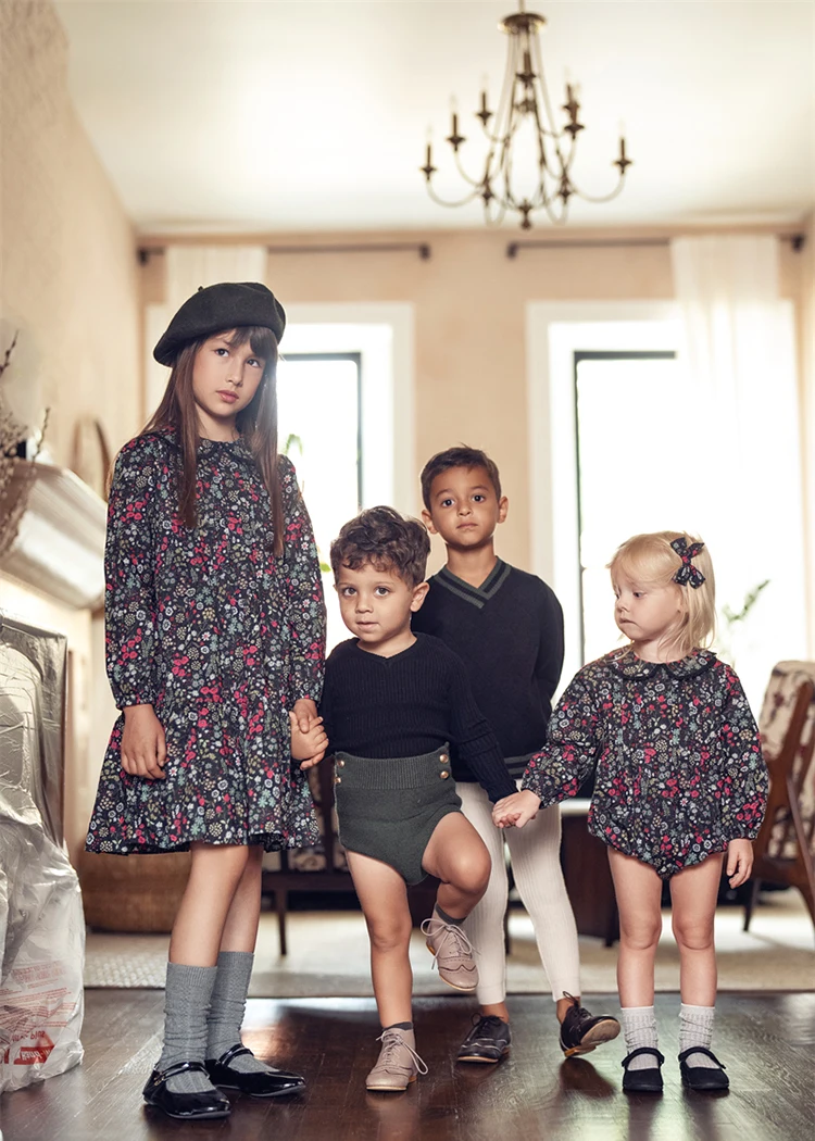 AS Shabbos Boutique Clothes for Brother Sister Matching Outfits Kids Cotton Black Floral Dress Romper Children Knitwear