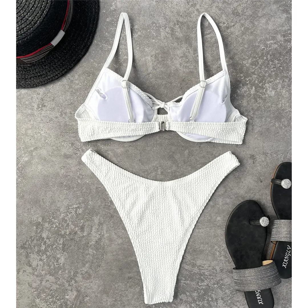 Neuer, sexy, weißer, geraffter Bikini mit mittelhohem Bund, Damen-Badeanzug, zweiteiliges Bikini-Set, Badebekleidung, Badeanzug, Modell V3041. – Detail 10