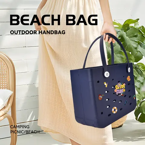 L Large Beach Bag EVA Rubber Waterproof Beach Travel Picnic Storage Basket Women's Shopping Handbag Hemp Bag Jelly Tote Bag