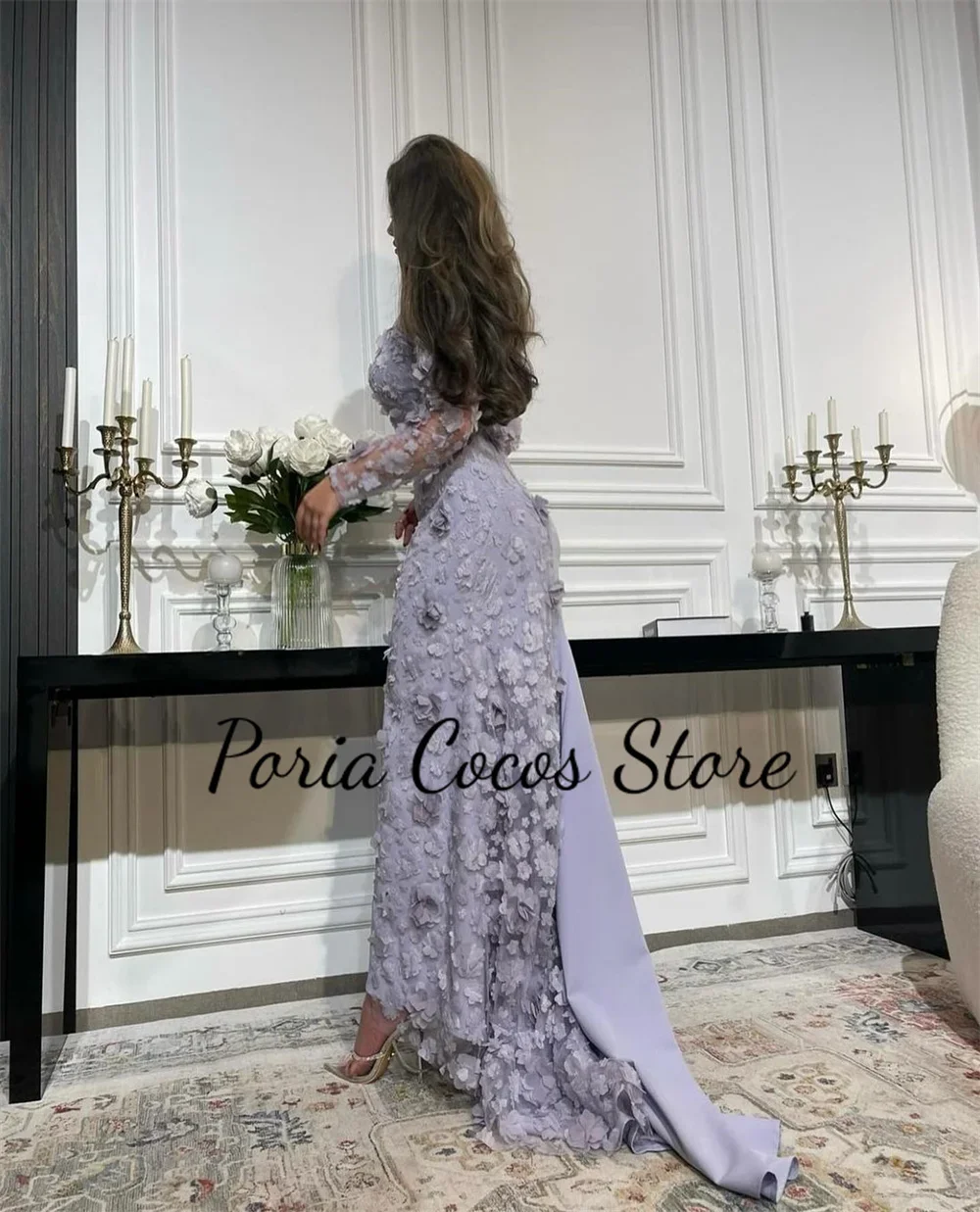 Customized Prom Gown For Women Luxury 3D Appliques Ankle-Length Sweep Train Full Sleeves Evening Party Dresses فساتين للحفلات ال