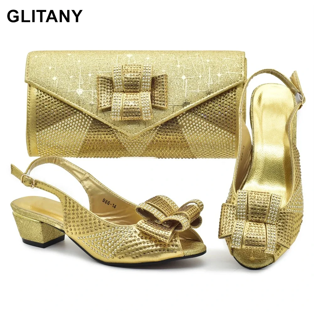 Latest Shoes and Bag Set for Women 2024 Plus Size Heels 43 Low Heels Italian Women Shoes with Bag Set Decorated with Rhinestone